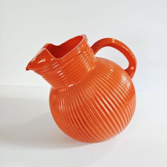 Hazel-Atlas Other - Vintage Hazel Atlas 40s-50s Fine Rib Orange Baked Glaze MCM Tilt Ball Pitcher